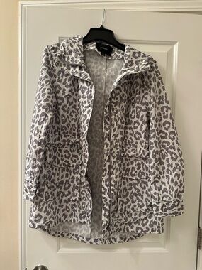 J. Crew raincoat, grey and white leopard print, small